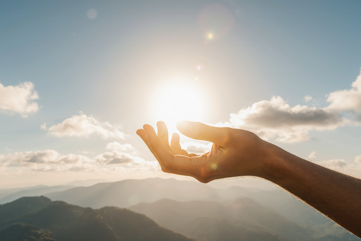 A sun kissed tanned hand reaching up from the bottom of the frame gently holding the bright sun bet vggyyq26l43e2zzgn9d8 1